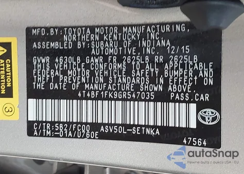 2016 Toyota Camry Le z USA, uszkodzony, nr VIN 4T4BF1FK9GR547035